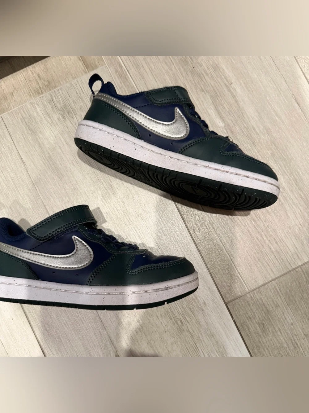 Nike Kids Court Borough Low Recraft Sneakers in Dark Green, Navy & Silver 11.5